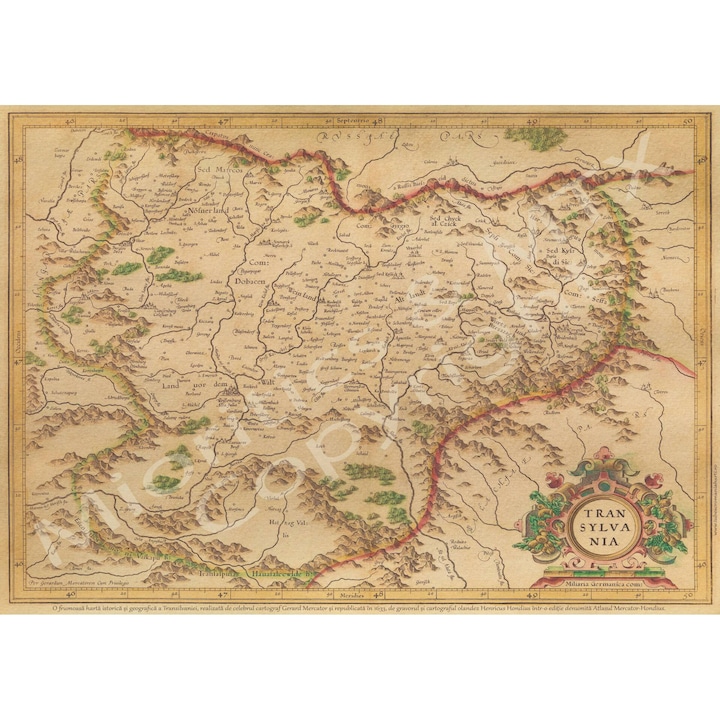 Harta Transilvania, format A3, anul 1633, cartograf Gerard Mercator