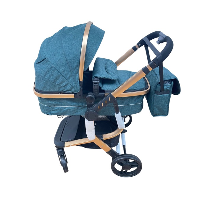 Детска количка 2 в 1 с обръщаща се дръжка, трансформируема в спортна количка, 518 Green