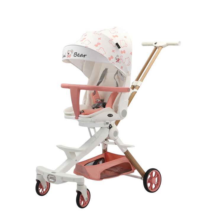 Детска количка C2 Deluxe, обръщателна, сгъваема, със светлини и музика, Бяла с розово