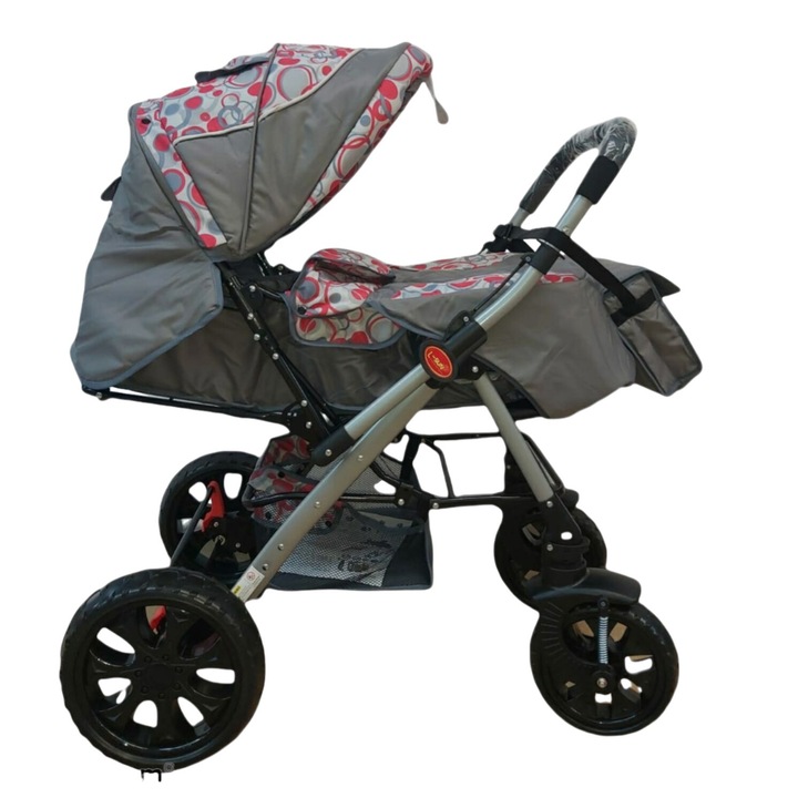 Sport babakocsi, megfordítható fogantyúval, összecsukható, felfüggesztések, Q7 szürke - rózsaszín