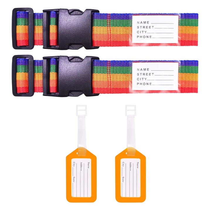 Комплект от 2 колана за куфари и 2 етикета Teselife, найлон/полипропилен, многоцветни, 190 х 5,5 см