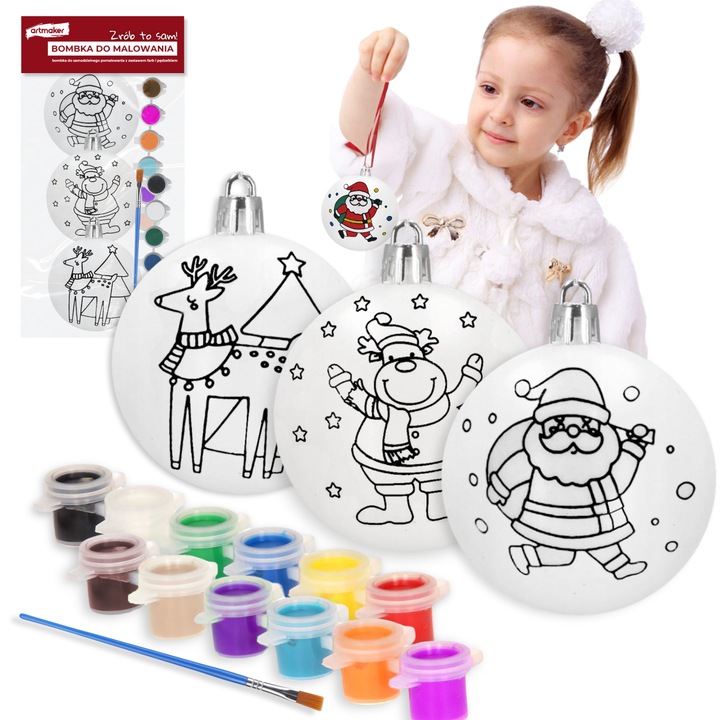 Set De Globuri De Craciun Pictabile, Artmaker, Set Creativ, Vopsele Acrilice, Globuri Incasabile, Diametrul Globurilor 8 cm