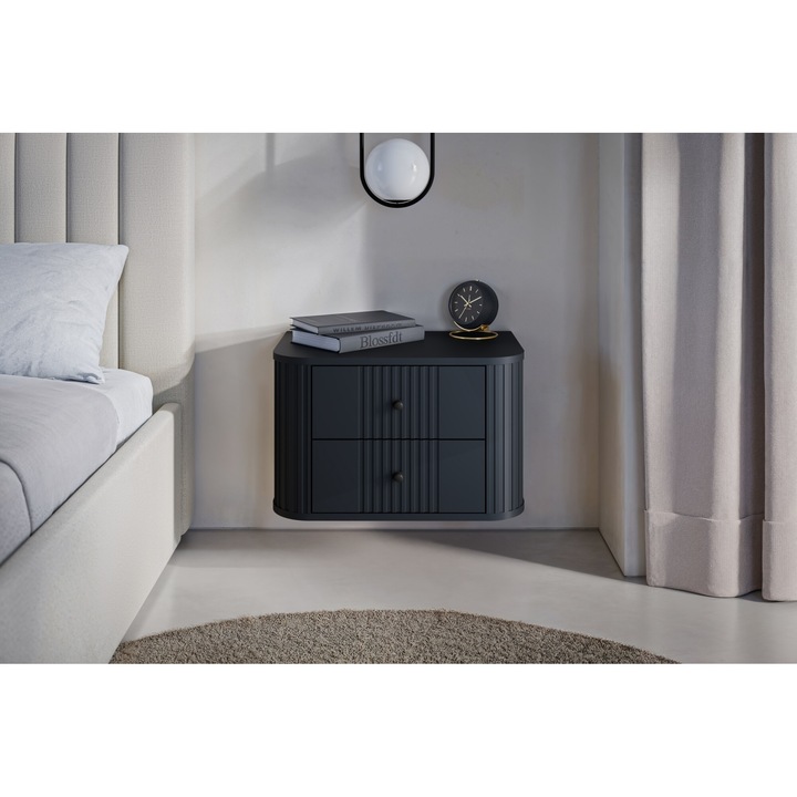 Set 2 Noptiere, Meble Bogart, Vesper, Suspendat, 56 x 38 x 48 cm, Modern, Laminat, Cu 2 Sertare, Dreptunghi, MDF, Negru