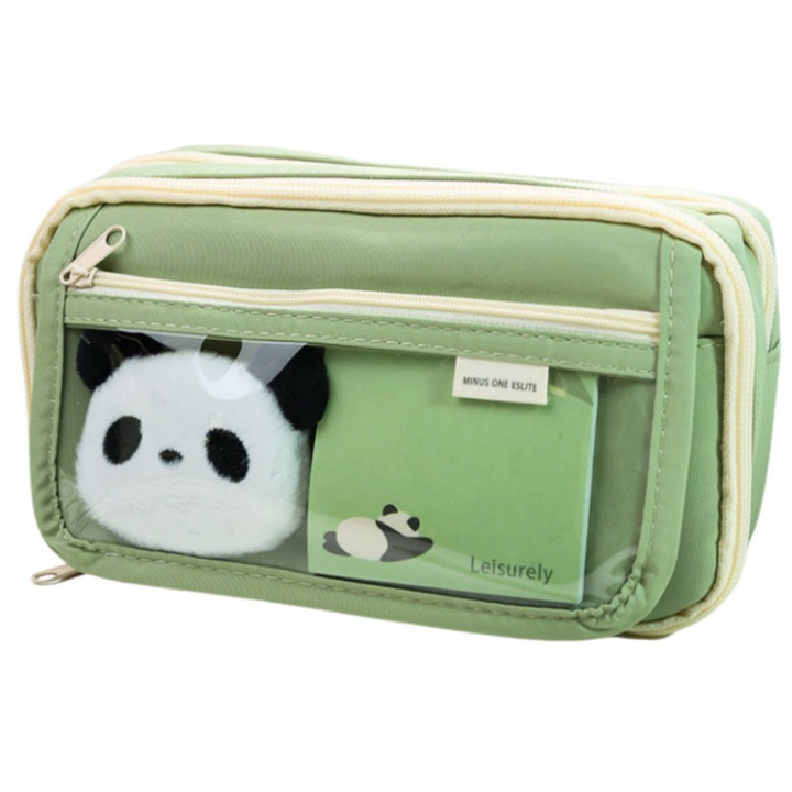 Детски моливник, дизайн на панда, идеален за училище, за момчета и момичета, подарък за ученици, органайзер за канцеларски материали, 21x13x7.5cm, Vanaxalife®, зелен