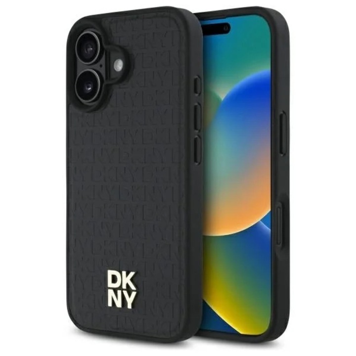 Tok iPhone 16 telefonhoz – DKNY bőrkemény tok, ismétlődő mintázatú logó, MagSafe (DKHMP16SPSHRPSK) – fekete