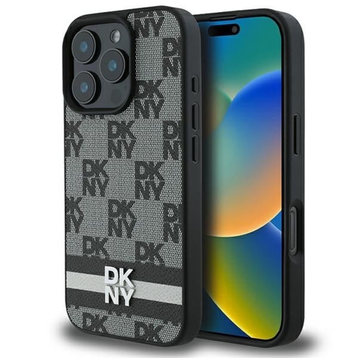 Калъф за iPhone 16 Pro - DKNY Leather ardcase Карирана шарка и печатни ивици (DKHCP16LPCPTSSK) - Черен