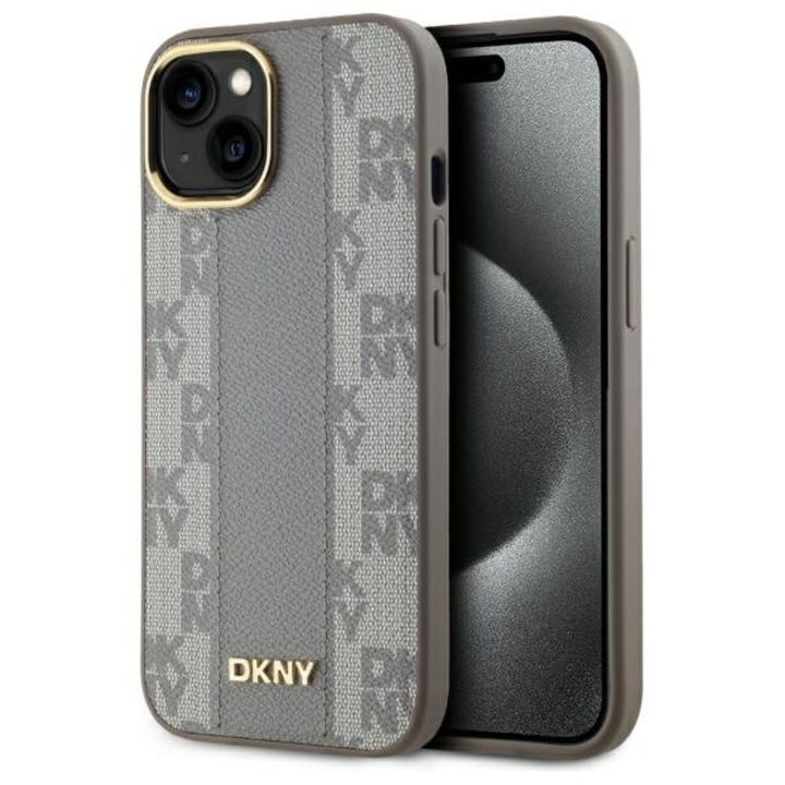 iPhone 15 Plus tok - DKNY bőrkockás, monomintás MagSafe (DKHMP15MPCPVSLE) - bézs