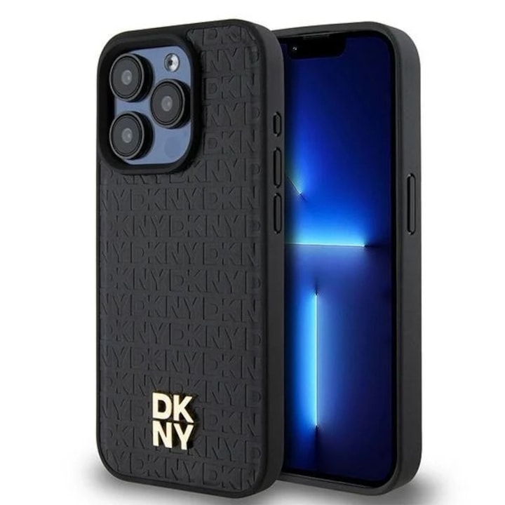 Калъф за iPhone 15 Pro - DKNY Leather Pattern Monogram Metal Logo MagSafe (DKHMP15LPSHRPSK) - Черен
