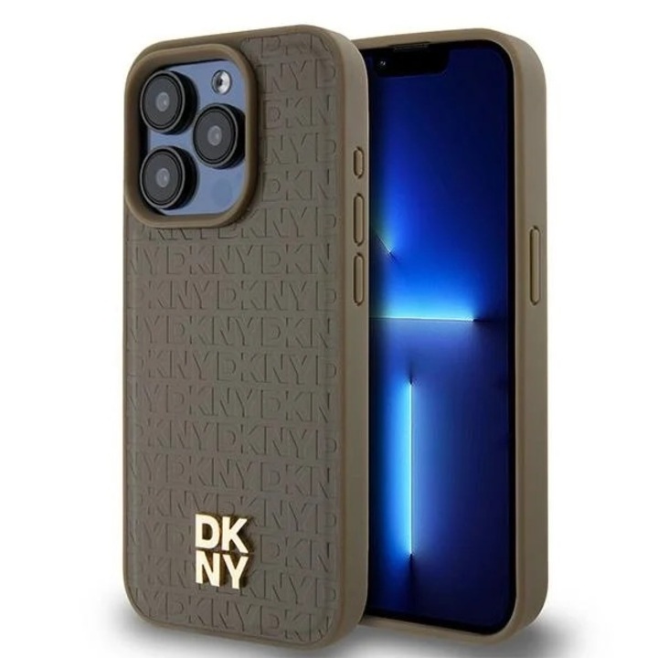 Калъф за iPhone 15 Pro Max - DKNY, (DKHMP15XPSHRPSW), Метално лого, Кожа, Кафяв