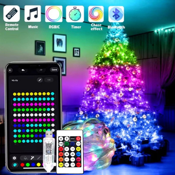 Instalatie De Craciun Smart RGB Wi-Fi, Pentru Brad, Fir de 10 Metri Cu Conectare Bluetooth, 200 Led, Aplicatie Mobil, Jocuri De Lumini, Conectare USB la Stecher, Baterie Externa Sau Laptop, IP65, Telecomanda, Multicolora, WEBYO®