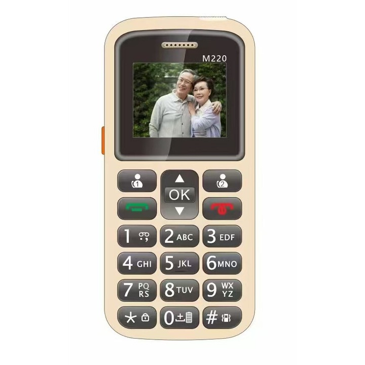 Мобилен телефон за възрастни, две SIM карти, цветен, големи клавиши, меню на румънски, SOS бутон, Bluetooth, радио, фенерче, черен