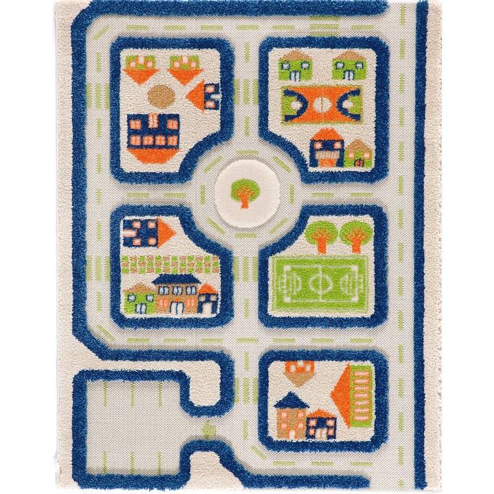 Covor de joaca pentru copii 3D IVI Carpets, Model Traffic Blue, Antialergic, Polipropilena, Multicolor, 80x113 cm
