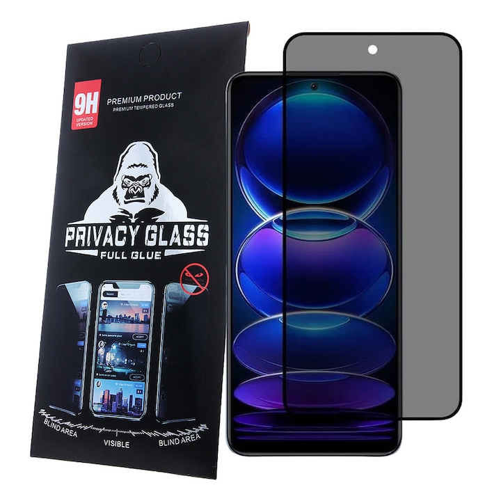 Xiaomi Redmi Note 12 Pro 4G / 5G / Note 11 Pro 4G / 5G / Poco X5 Pro 5G kompatibilis üvegfólia, előlapi, edzett, hajlított, fekete kerettel, betekintés védelemmel, Privacy
