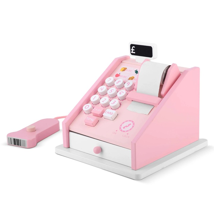 Set casa de marcat fetite DacEnergy©, din lemn, numeroase monede si bancnote, carduri de plata, competente sociale, 18 x 18 x 16 cm, roz