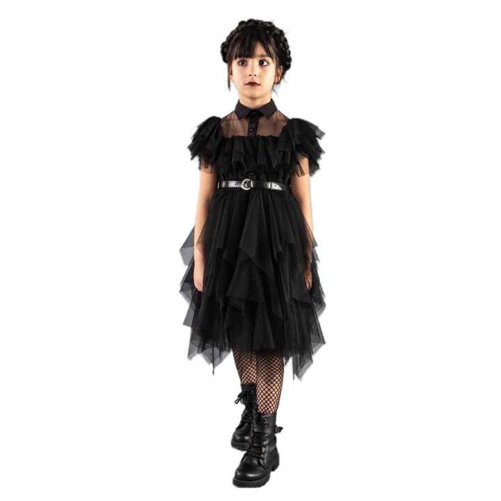 Rochie Wednesday, neagra, midi, fete, cu curelusa asortata, Negru