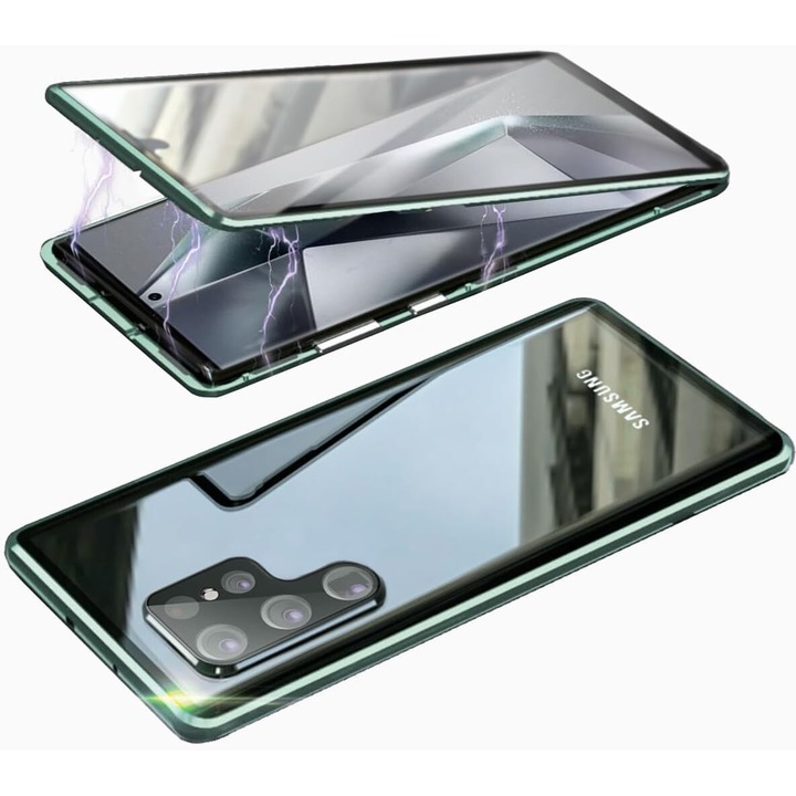 Husa pentru Samsung Galaxy S24 Ultra, 360 protection, full body, schelet metalic, protectie fata spate si camera, prindere magnetica, Sigloo, Light Green