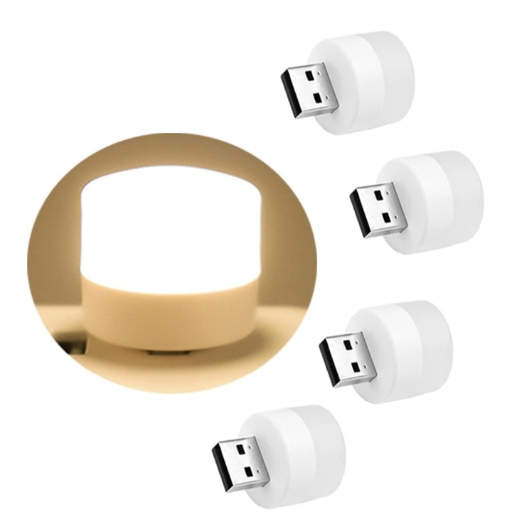Комплект 4 броя USB лампи, мини нощни лампички, 3,7*2,4 см, топло бяло