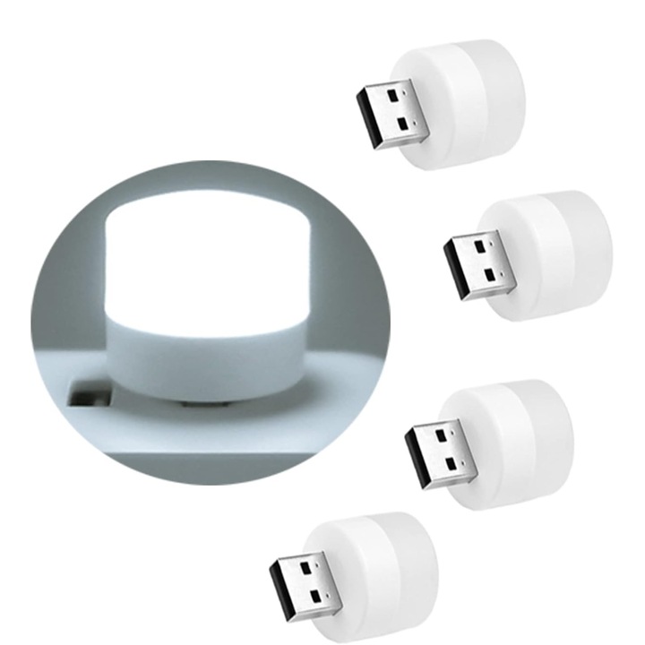 Set de 4 veioze USB, lumini nocturne mini, 3.7*2.4 cm, alb rece