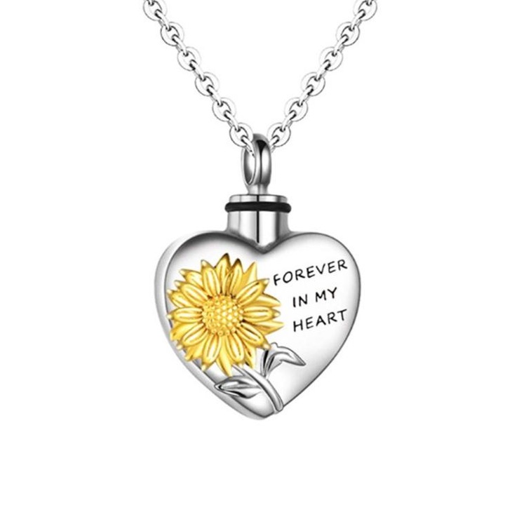 Szív alakú emlék nyaklánc, napraforgóval díszítve, mini urna hamuhoz, unisex ékszerek, 21,3mm*15mm(45cm+5cm), ötvözet, ezüst és sárga