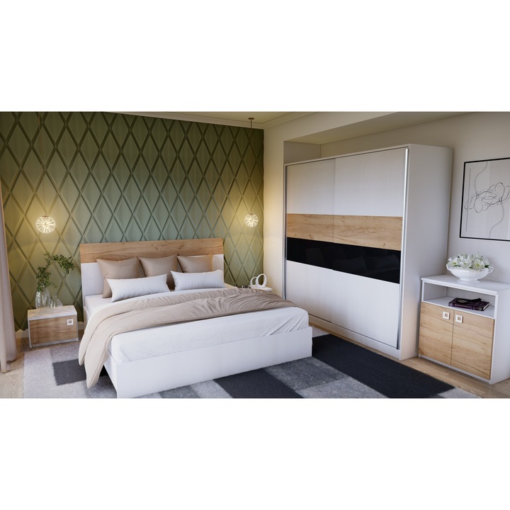 Dormitor Sofia, culoare alb, stejar auriu cu mdf negru