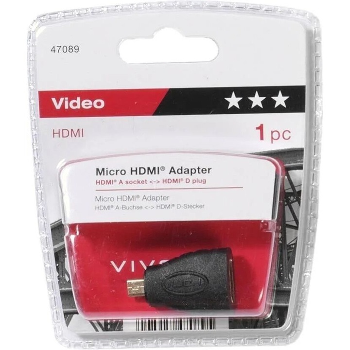 Микро HDMI адаптер Vivianco, HDMI A гнездо - HDMI D щепсел