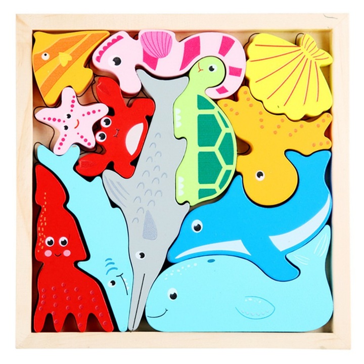 Set de jucarii educationale pentru copii mici, puzzle-uri din lemn cu animale marine, un set de 12 piese, jucarii Montessori, 16.6x16.6cm, multicolor