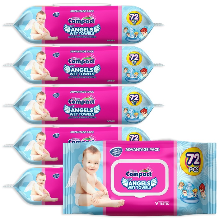 Мокри кърпички Angels Baby, 6 опаковки x 72, 432 бр., големи 16x19 см, ултракомпактни
