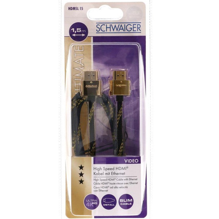 Cablu HDMI subtire 1, 5 m negru/auriu ultra 4k HD