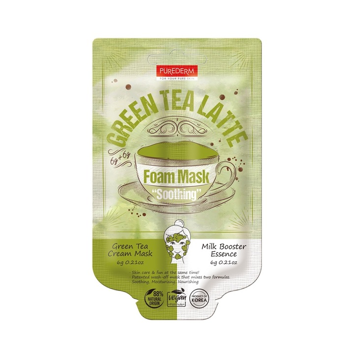 Успокояваща маска с пяна Purederm Green Tea Latte, 1 бр
