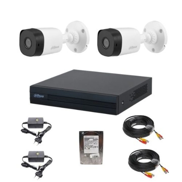 Dahua megfigyelő készlet 2 kamera 2MP objektív 3, 6mm IR 20m IP67, DVR 4 csatornás WizSense 1080N/720p, rögzítési tartozékok, HDD 500GB