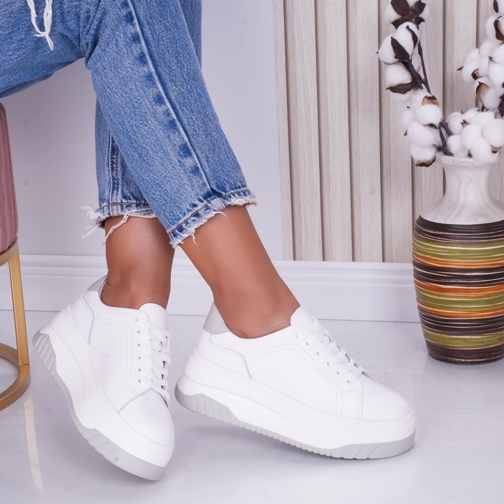 Pantofi dama casual Alb-Gri din Piele Naturala Dya, Alb/Gri