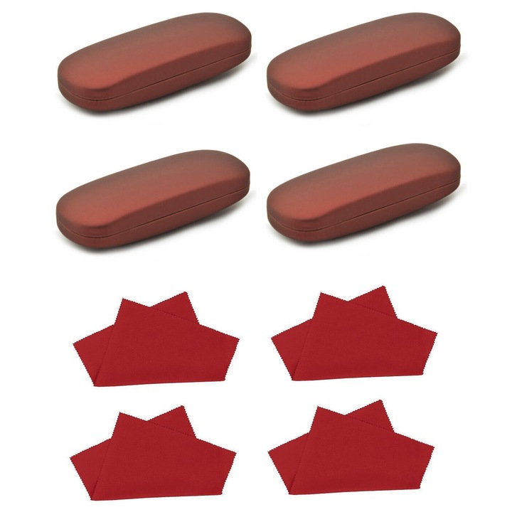 Set 8 accesorii pentru ochelari, Stylion, 4x Husa pentru ochelari/4x Laveta din microfibra, Visiniu/Rosu
