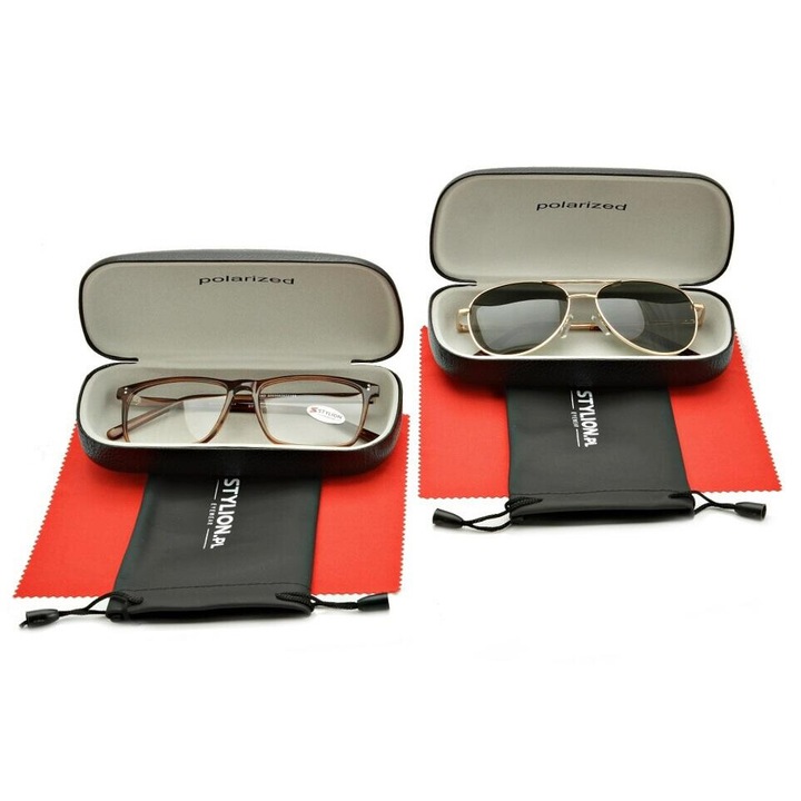 Set 6 produse, PolarZone, 2x etui ochelari, negru, 2x servetel microfibra rosu 18x15cm, 2x huse negru 17,5x9cm