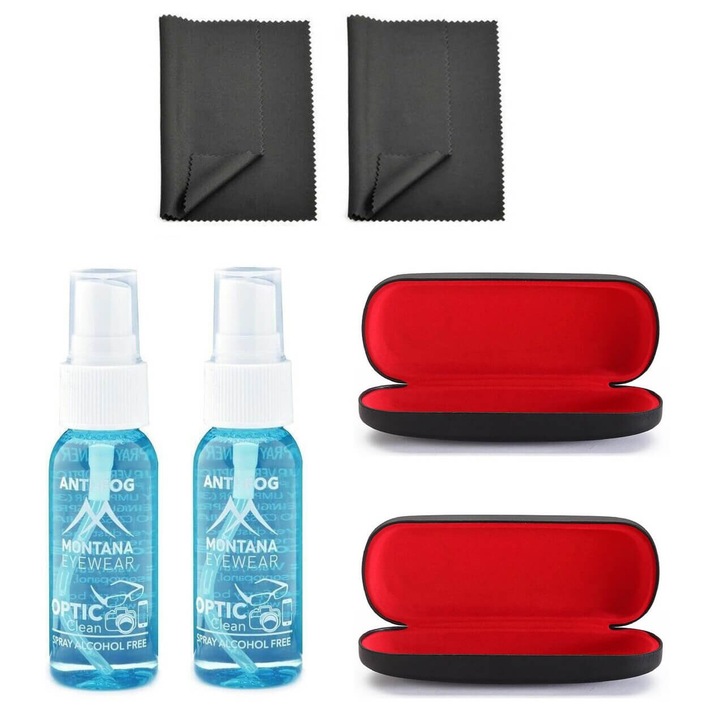 Set 6 produse: 2x 30ml Pliant anti-fog, 2x Servetel microfibra 18x15cm, 2x Etui ochelari negru cu interior rosu 18x15cm