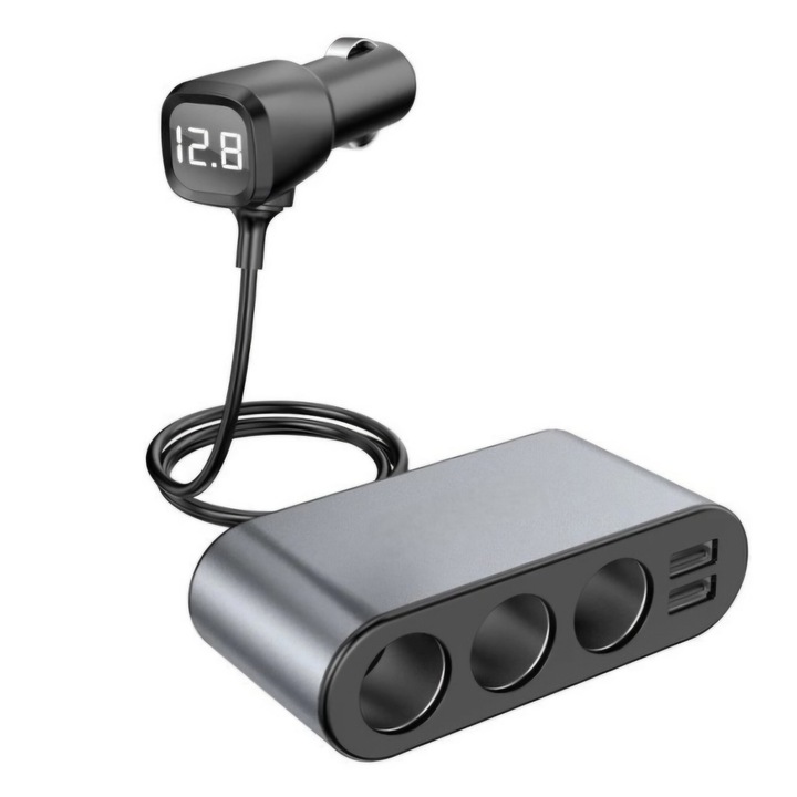 Incarcator Auto, 2 x USB-A, 3 Iesiri Priza Auto, Afisaj LCD, 60W, Gri