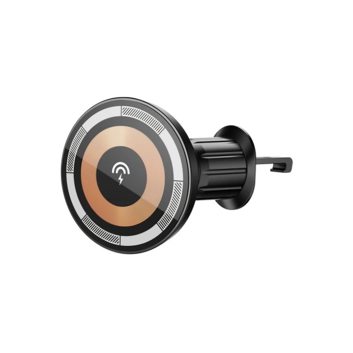 Suport Telefon Magnetic, Incarcare Wireless 15 W, Prindere Grila Ventilatie, Negru-Maro