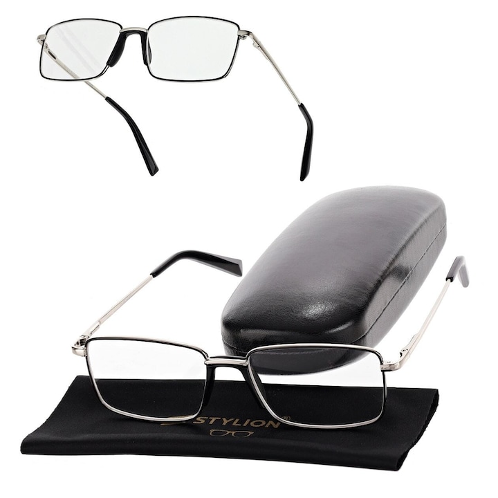 Ochelari de vedere corectivi pentru citit, Stylion, model ST333, +2.50 dioptrii, metalici, negru-silver, set cu etui si servetel