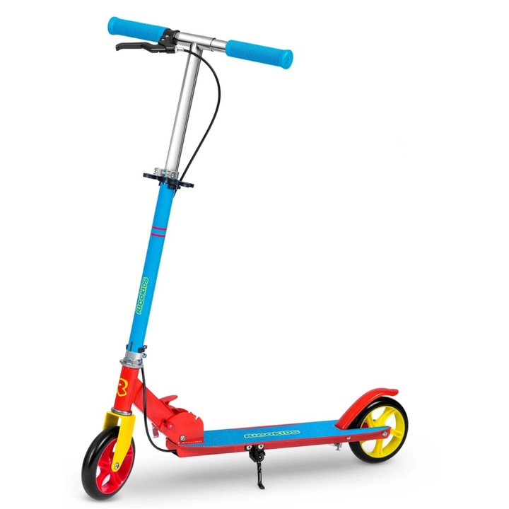 Trotineta pentru copii Ricokids Kodi Albastru/Rosu pliabila, inaltime ghidon reglabila, platforma antiderapanta, roti din PU rezistente, rulmenti ABEC-7, 2 frane de mana si picior, manere ergonomice pliabile si cric