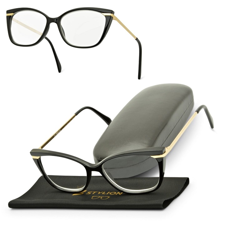 Ochelari de citit pentru femei, Stylion, +1.50 dioptrii, negru-auriu, set cu etui si servetel