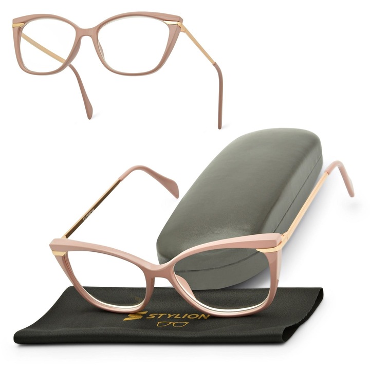 Ochelari de citit pentru femei, Stylion, Kocie Oczy, +2.50 dioptrii, roz + aurie, set cu etui si servetel