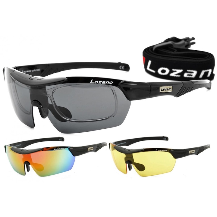 Ochelari sportivi Lozano, set 3 lentile, polaroid, negru, cu curea ajustabila