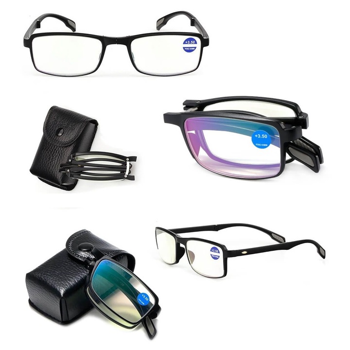 Rame ochelari unisex, Stylion, pliabile, culoare neagra mat, dimensiuni 13.5x3.6cm, set cu etui si stergator.