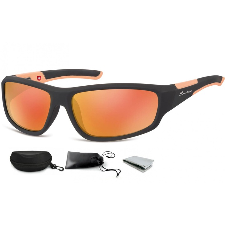 Ochelari de soare copii, Montana, sportivi, UV 400, negru + portocaliu, 12x3.85cm, set cu etui, sac si servetel