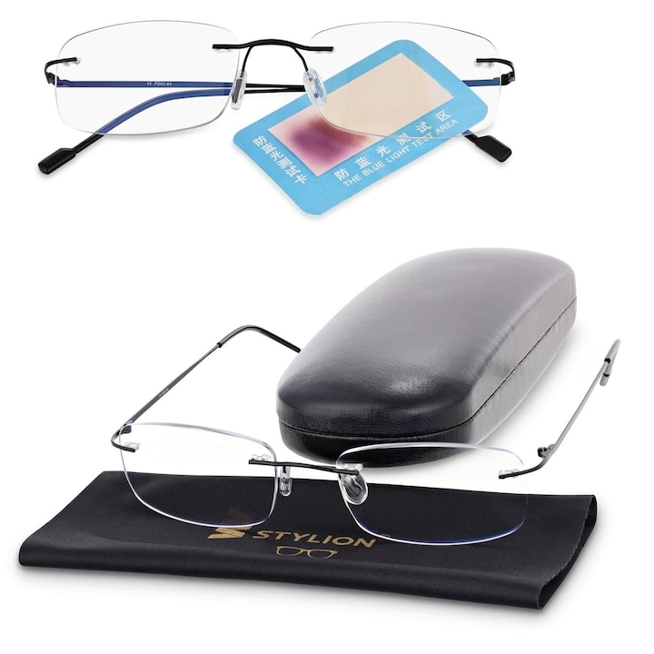 Ochelari de vedere fara rama, Stylion, +1.00, filtru Blue Light, negru, unisex