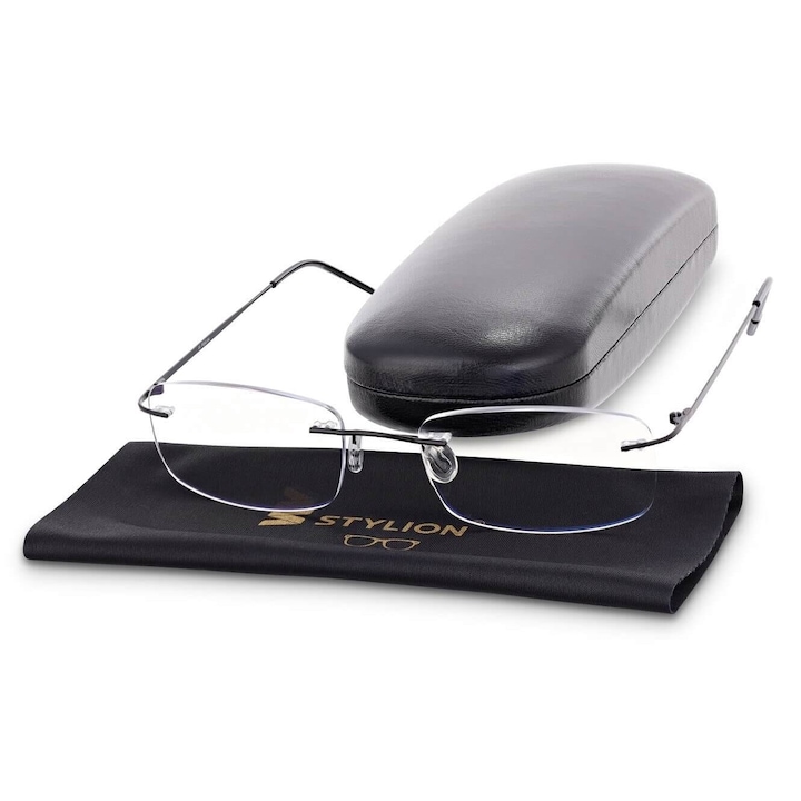 Ochelari de vedere cu etui si servetel, Stylion, Metal, Filtru Blue Light, +1.50, Negru
