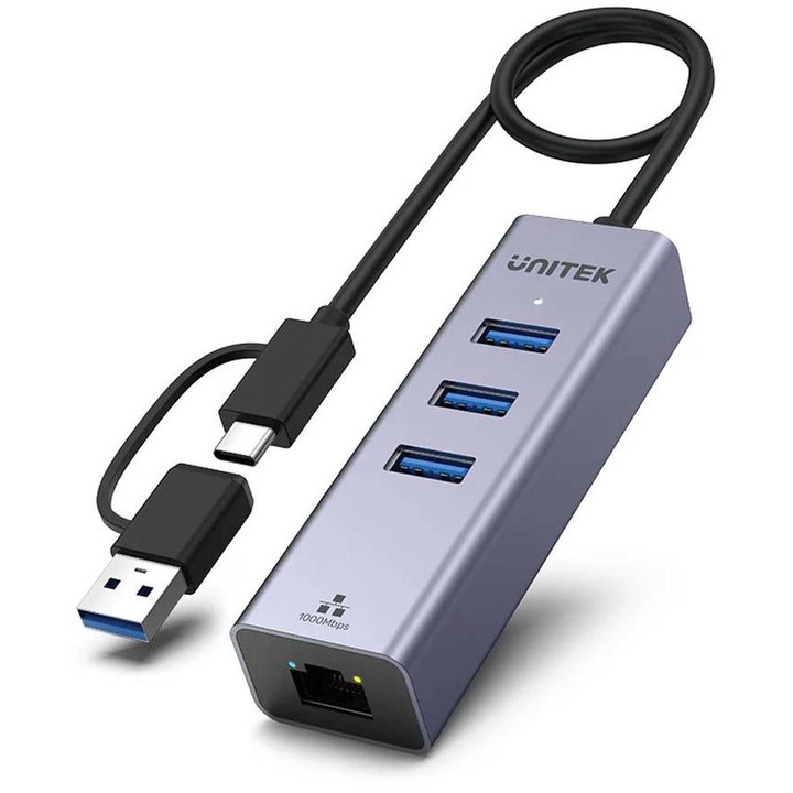 USB C хъб, Unitek, Ethernet, 3 x USB, 5 Gbps, сив