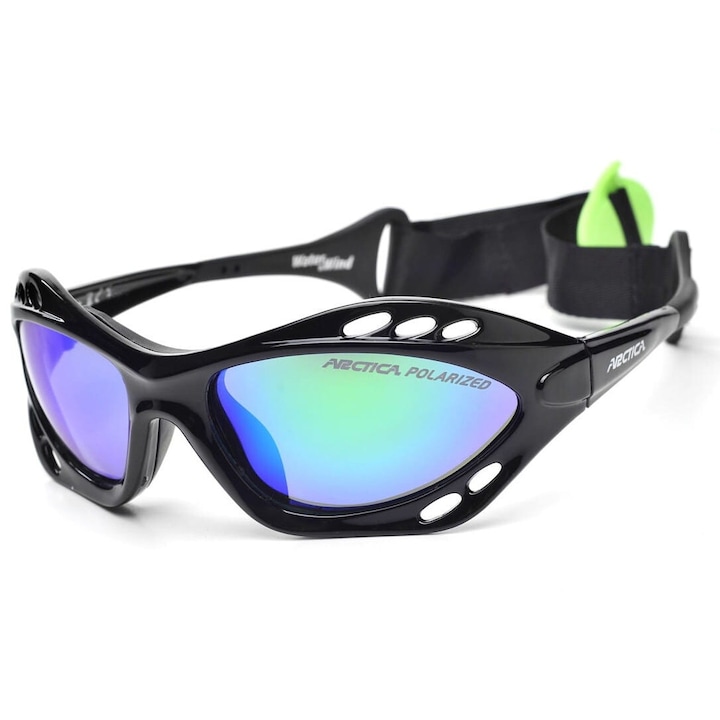 Ochelari sportivi unisex Arctica S-329A, polariizatori, negru lucios, lentile revo lustrate albastre-verzi, set cu etui moale si tare