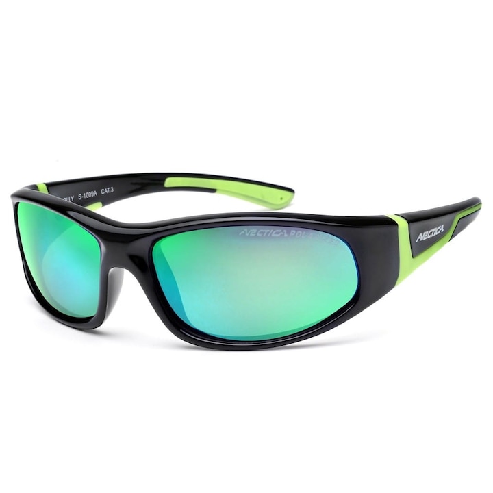 Ochelari sportivi pentru copii Arctica S-1009A, polariizati, cu lentile revo, negru + verde, 11.6x3.8cm, set cu etui moale si tare