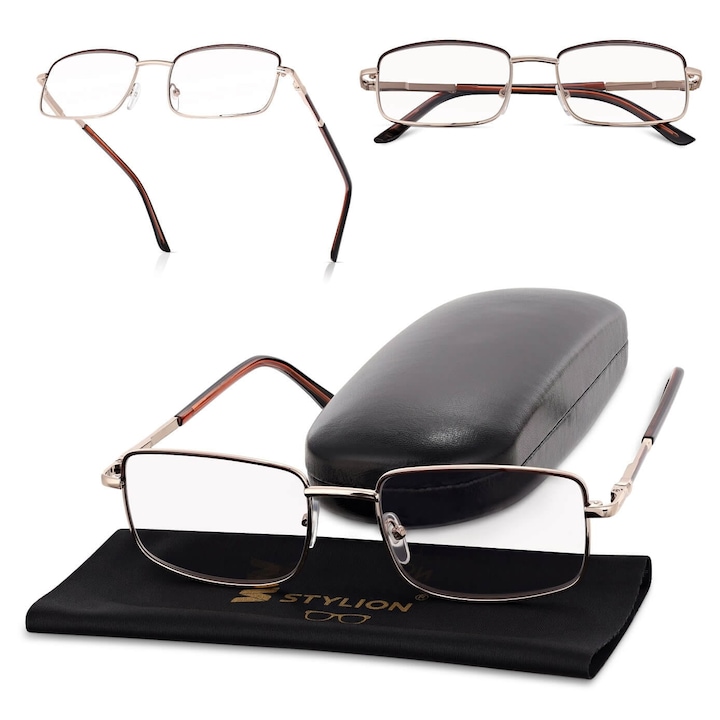 Ochelari de vedere fotocromatici ST334, cu dioptrii +3.50, rame metalice aurii cu detalii maro, set cu etui si servetel