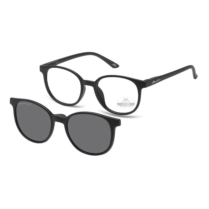 Ochelari de vedere Montana, 2 in 1, +2.50 dioptrii, cu protectie solara polarizata, negru, unisex